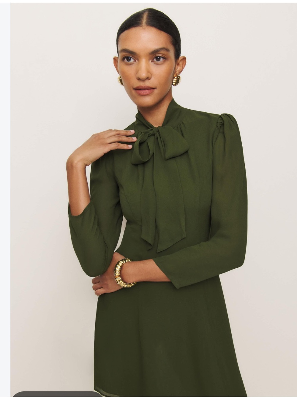 Reformation Sunna Fern Green Tie-Neck Mini Dress